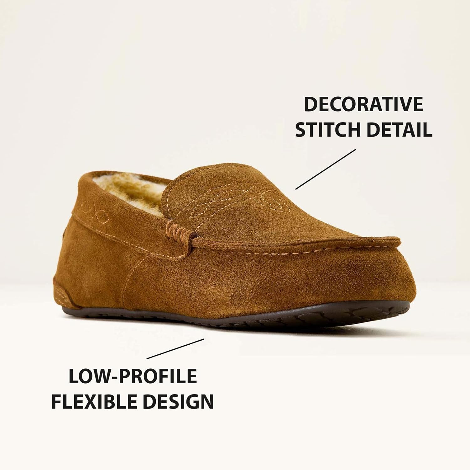 ARIAT Men's Clayton Moccasin Slippers - Durable Genuine Suede Warm Casual Stylish Indoor/Outdoor Shoes with Plush Boa Lining