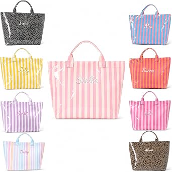 Custom Embroidered Beach Tote Bag - Personalized Name Waterproof Striped PVC Jelly Tote for Women Bridesmaid Gift