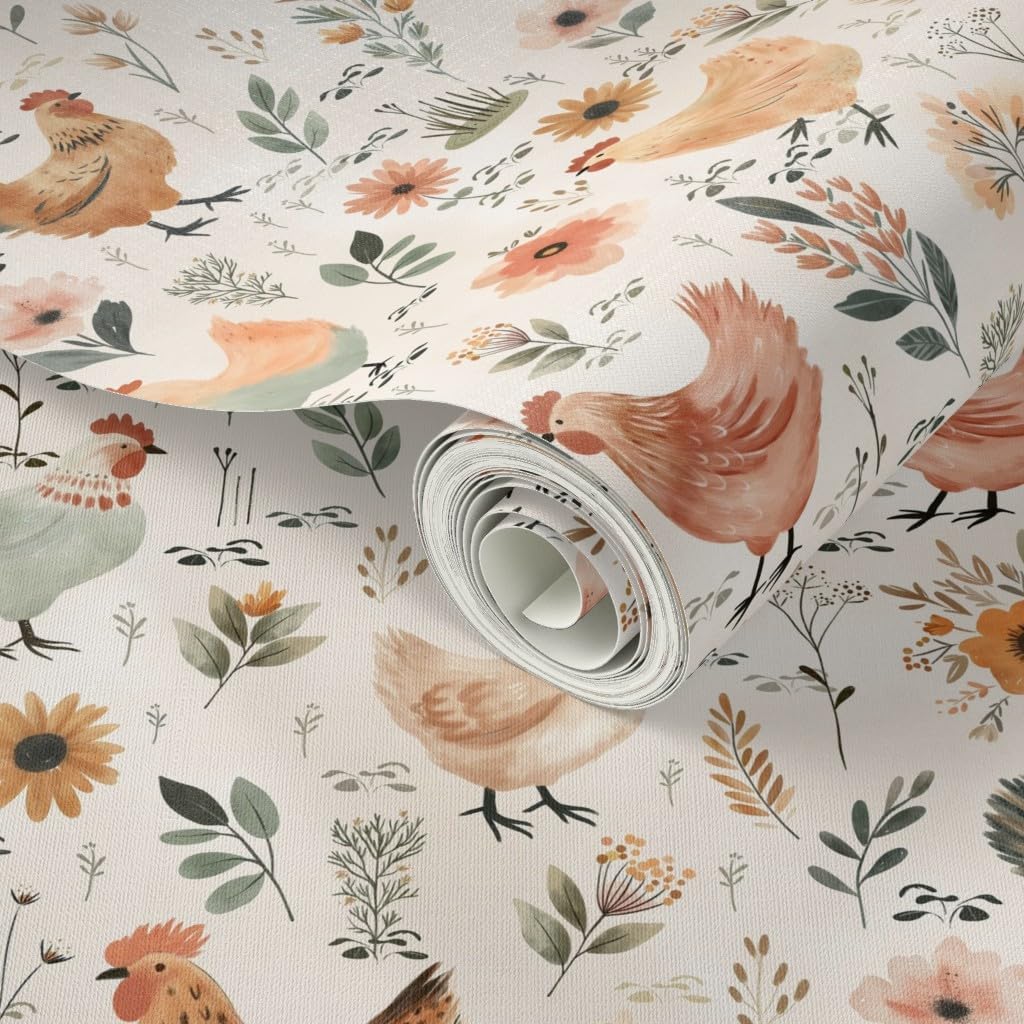 Peel & Stick Wallpaper 3ft x 2ft - Pastel Hens Farmhouse Spring Florals Medium Watercolor Easter Bohemian Baby Chicken Boho Custom Removable Wallpaper by Spoonflower