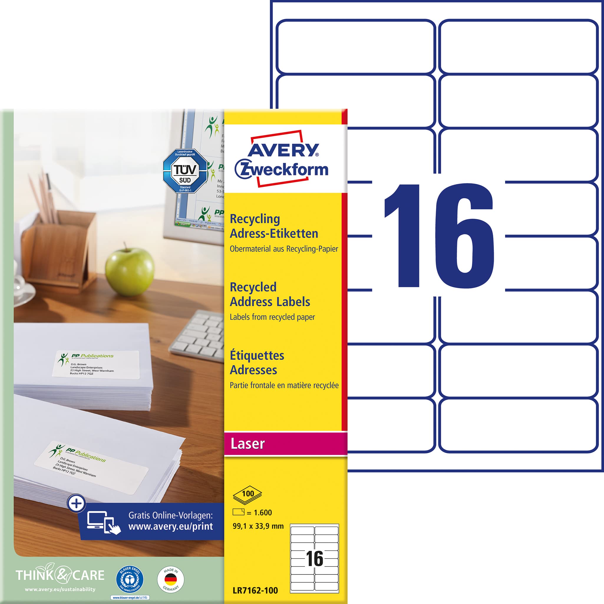 AVERY Zweckform LR7162-100 Labels 99.1 x 33.9 mm 1,600 Address Labels on 100 Sheets Self-Adhesive Printable Matte Paper 100% Recycled Paper Blue Angel Natural White