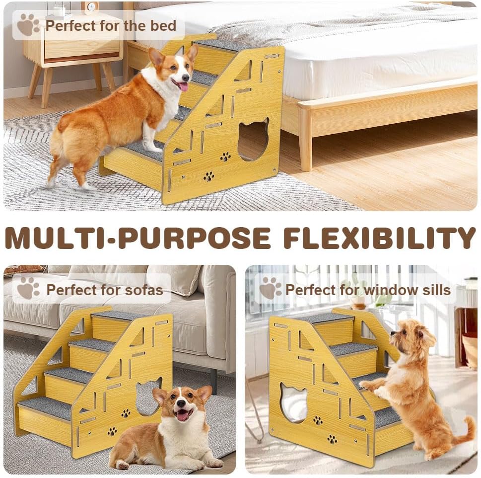 4-Step Wooden Pet Stairs Nonslip Carpeted Cat and Dog Steps Indoor Pet Steps Wooden Pet Ladder for Dogs and Cats for Bed