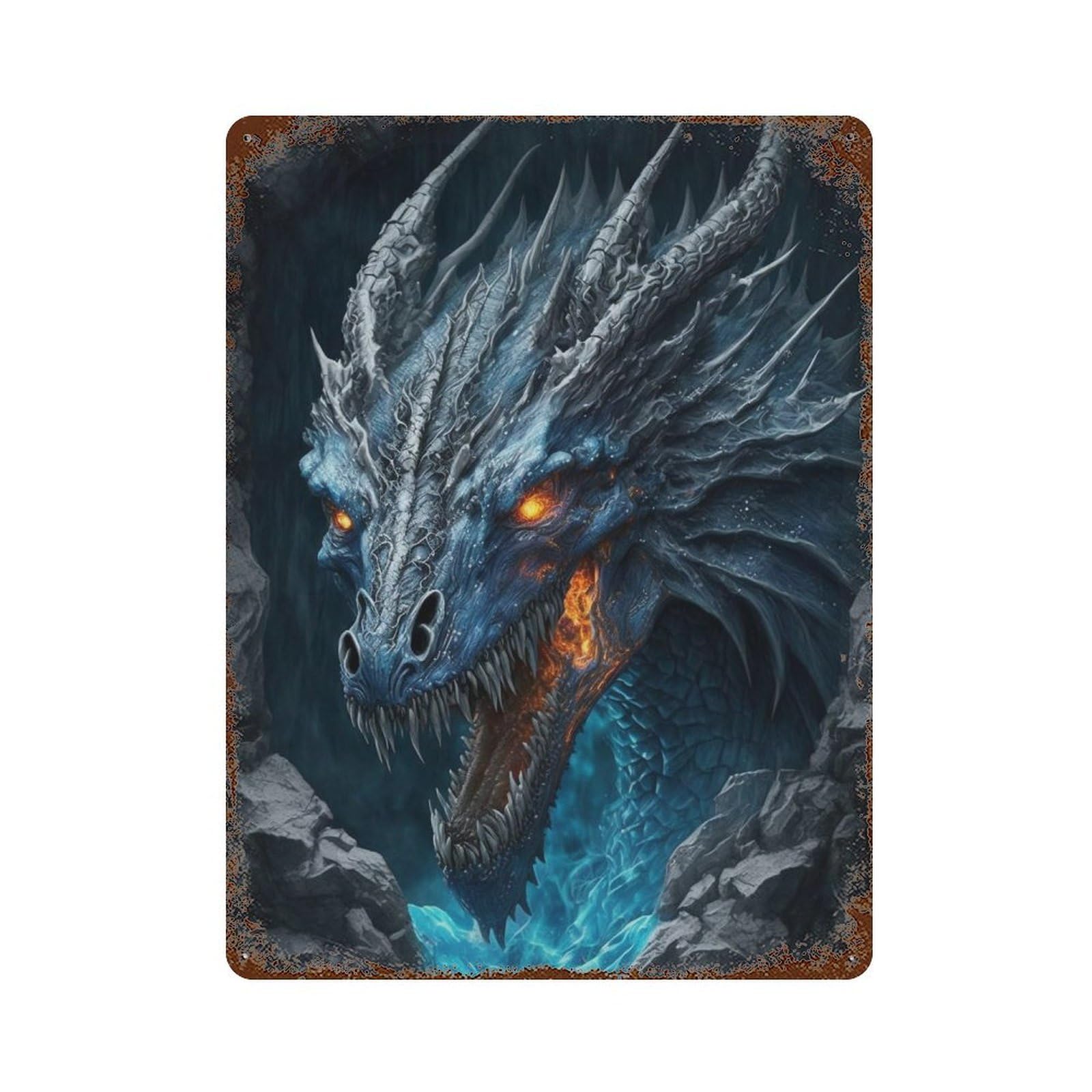 Dragon Fantasy Art Print Distressed Metal Wall Sign 15.7"x11.8", Shabby Chic Decor for Garage, Pub Or Kitchen