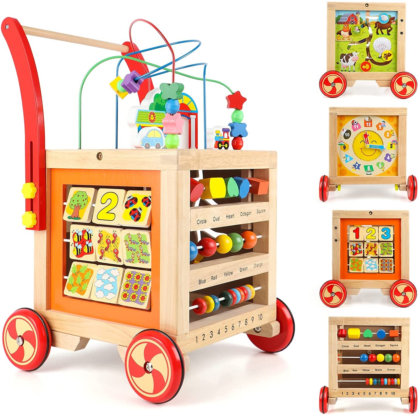 Wondertoys Wooden Activity Cube Toys Baby Push Walker with Bead Maze Clocks Shape Sorter Abacus 6 in 1 Play Learning Educational Toys Birthday Gifts for Kids