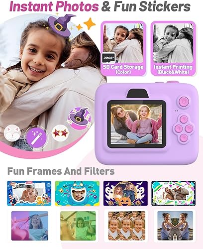 Miniatura 4 de Yehtta Cámara para niños, impresión instantánea, cámara digital de video 1080P, juguetes para niños con 3 rollos de papel de impresión de 32 G,