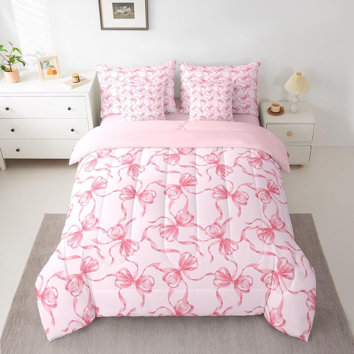 Feelyou Pink Bowknot Comforter Set with Sheets Dreamy Princess Bowknot 7 Piece Bedding Set Full Size Girls Bedroom Room Decor Cute Watercolor Pink Bow Girly Bed in a Bag Kawaii for All Season