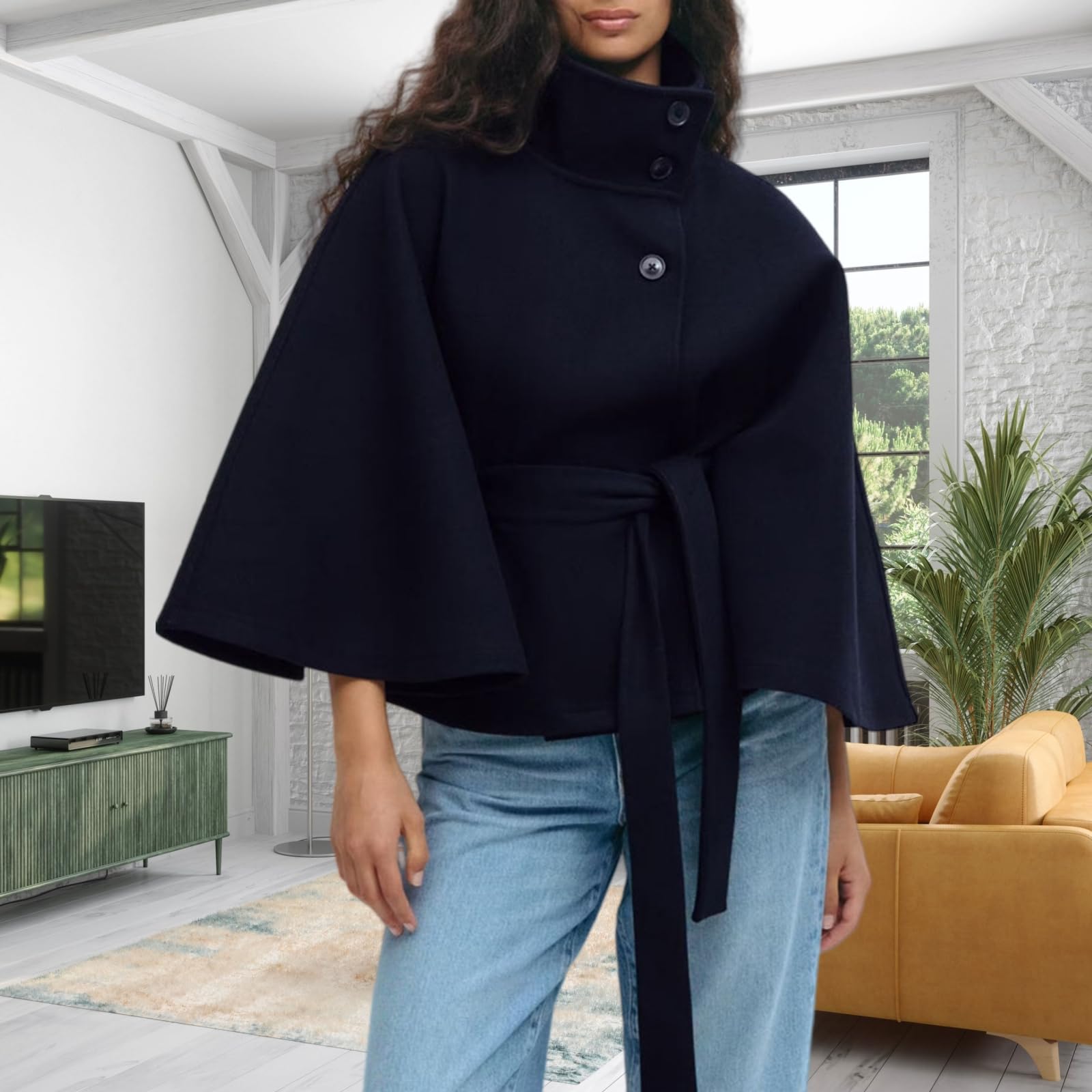 Generisch Poncho De Mujer Con Mangas De Murciélago, Caban Chaqueta Con Cuello Alto Y Cinturón Capa Abrigo Chaqueta, Capa Otoño-Invierno Bufanda Ropa Exterior