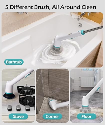 Miniatura 9 de LyriFine Limpiador eléctrico giratorio, cepillo limpiador de baño impermeable IPX7 de cuerpo completo, limpiador de ducha con mango largo y 2