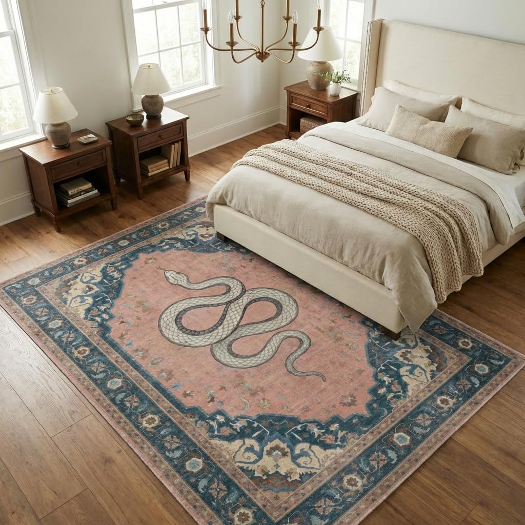 5x7 Area Rug Vintage Bohemian Snake Motif Rug with Non Slip Backing, Washable Low Pile Dusty Pink Navy Blue Carpet for Bedroom, Living Room, Home Office, Eclectic Decor