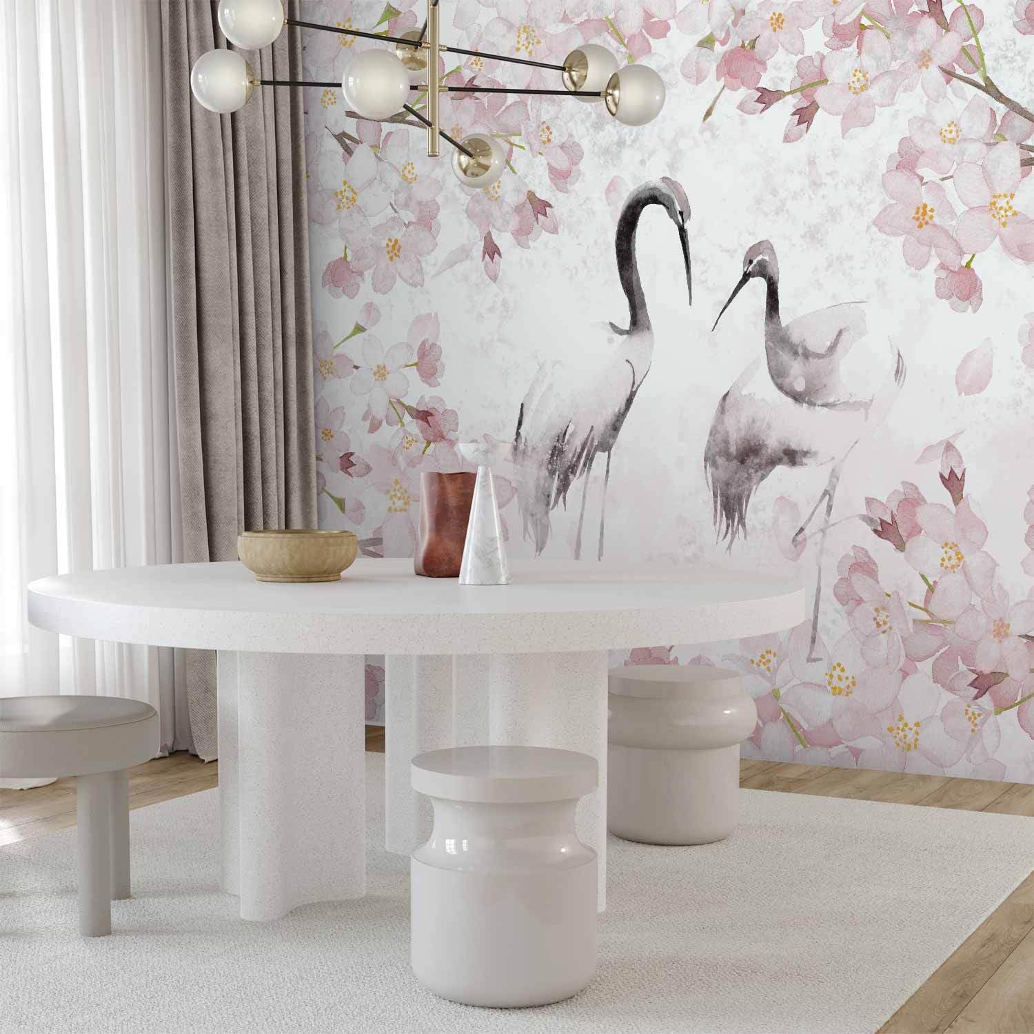 decomonkey Premium Fototapete Vögel, 350x256 cm, Blumen Pflanzen Rosa | Vlies, Schlafzimmer, Wohnzimmer, Tapete, Fototapeten, Tapeten, Vliestapete, Wandtapete, moderne, Wand, Wandbild