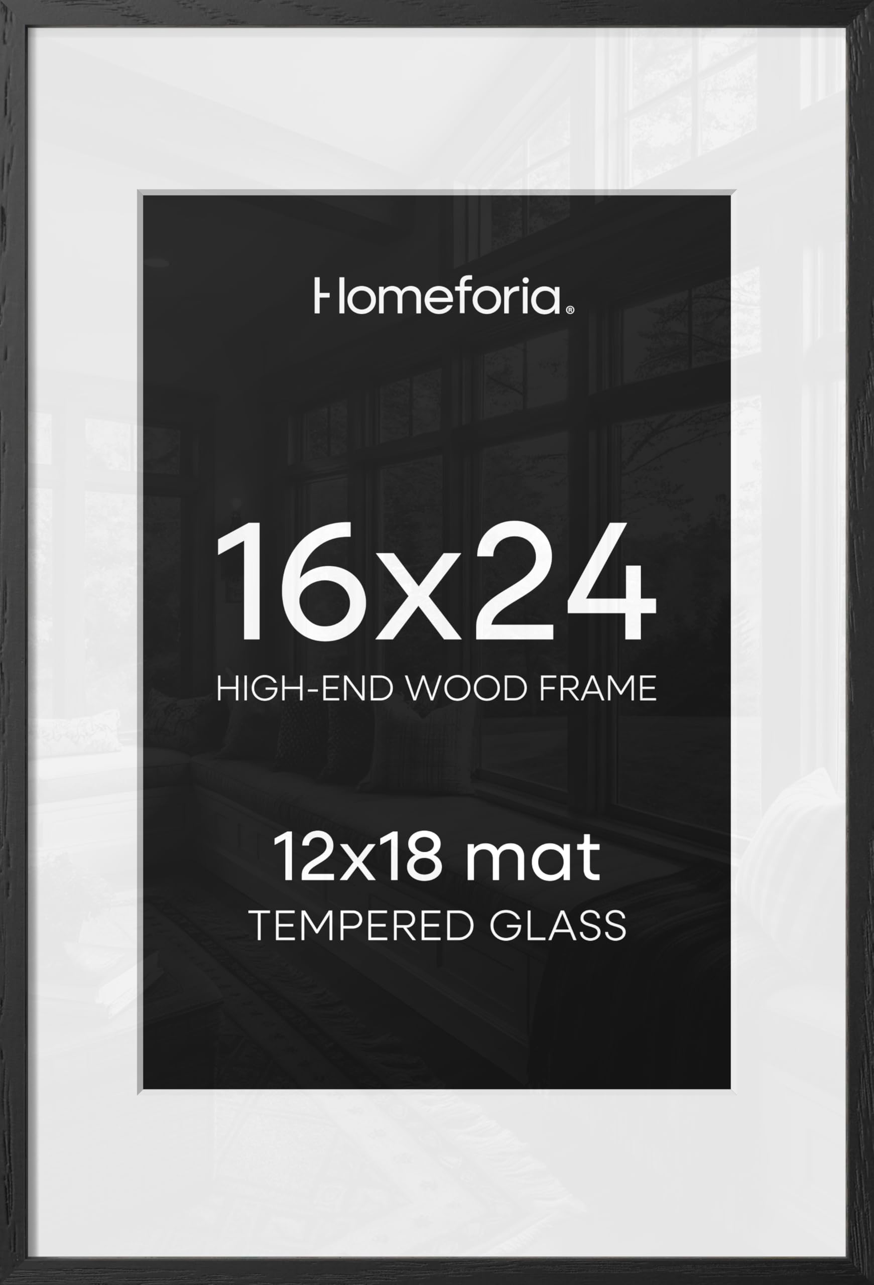 Homeforia 16x24 Black Wood Frame, High End Oak 16x24 Picture Frames with Mat 12x18 Photo, 16 x 24 Wooden Poster Frame Matted to 12 by 18 Print, 24x16 Hanging Frames, Tempered Glass, Wall Kit, Set of 2