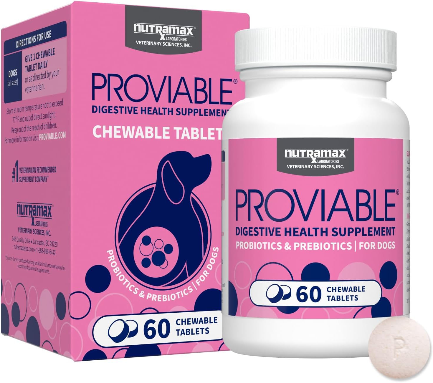 Nutramax Laboratories Proviable Digestive Health Supplement Multi-Strain Probiotics and Prebiotics for Dogs - With 7 Strains of Bacteria, 60 Chewable Tablets