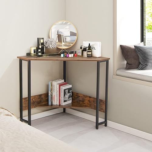 Miniatura 6 de Tangkula Escritorio esquinero con toma de corriente y puertos USB escritorio triangular para computadora con estación de carga estante de