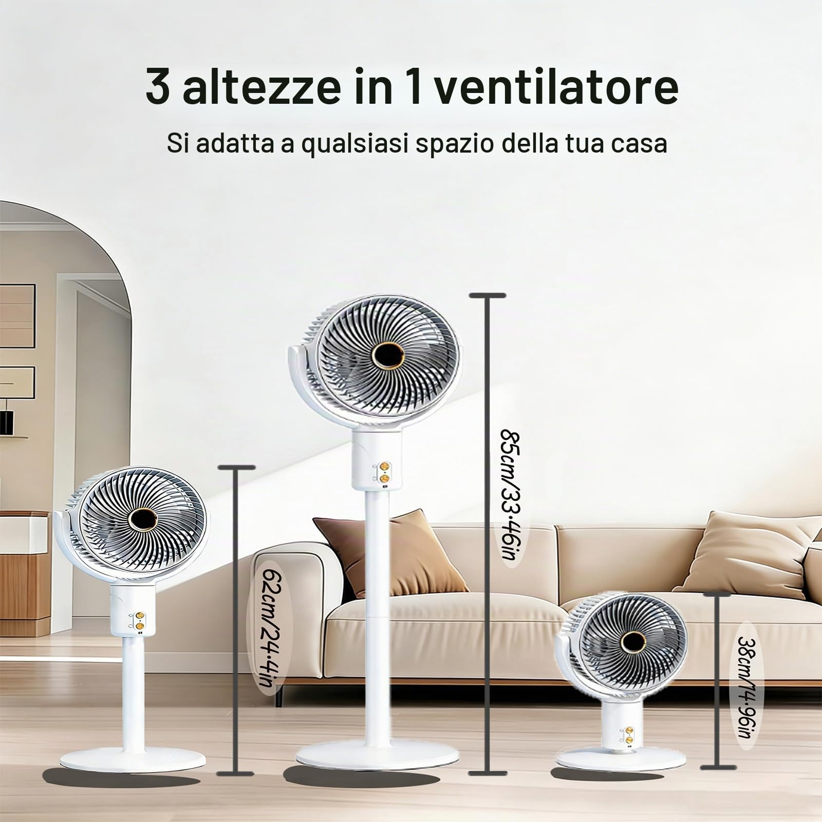 Ventilatore a piantana silenzioso, 3 altezze regolabili, 5 velocità e orientamento 360°, ricaricabile, per uso a terra o su tavolo, con telecomando