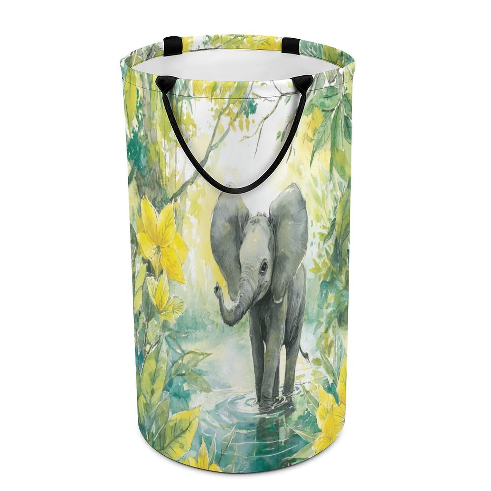 LUYYSKY Cute Abstract Baby Elephant Versatile Storage Laundry Basket, Funny Realistic Tropical Jungle Animal Elephant Flowers Large Capacity Bathroom Hamper With Handle
