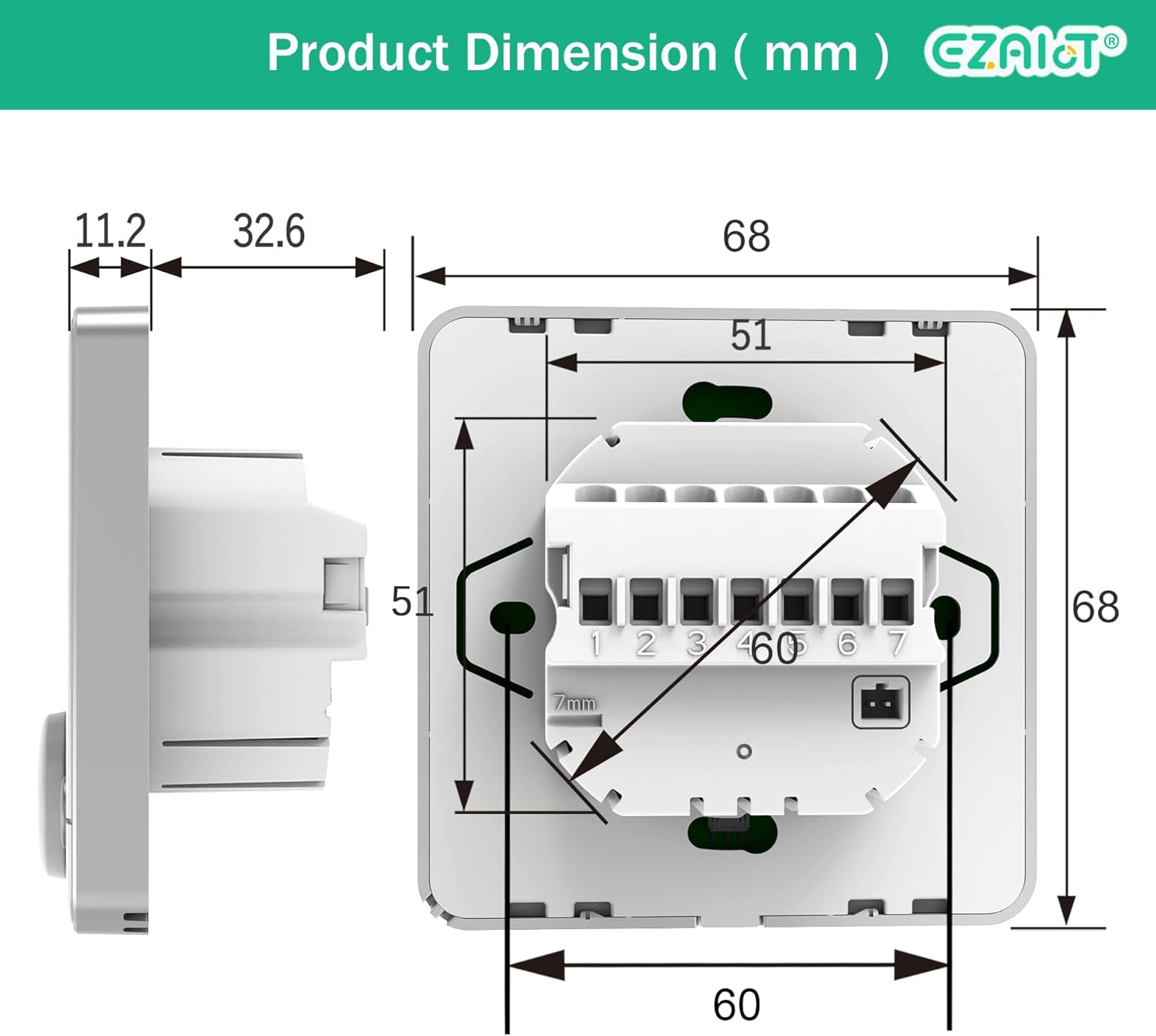 Wiring diagram for EZAIoT Smart Thermostat with connections for L, N, COM, LOUT, NTC1, NTC2