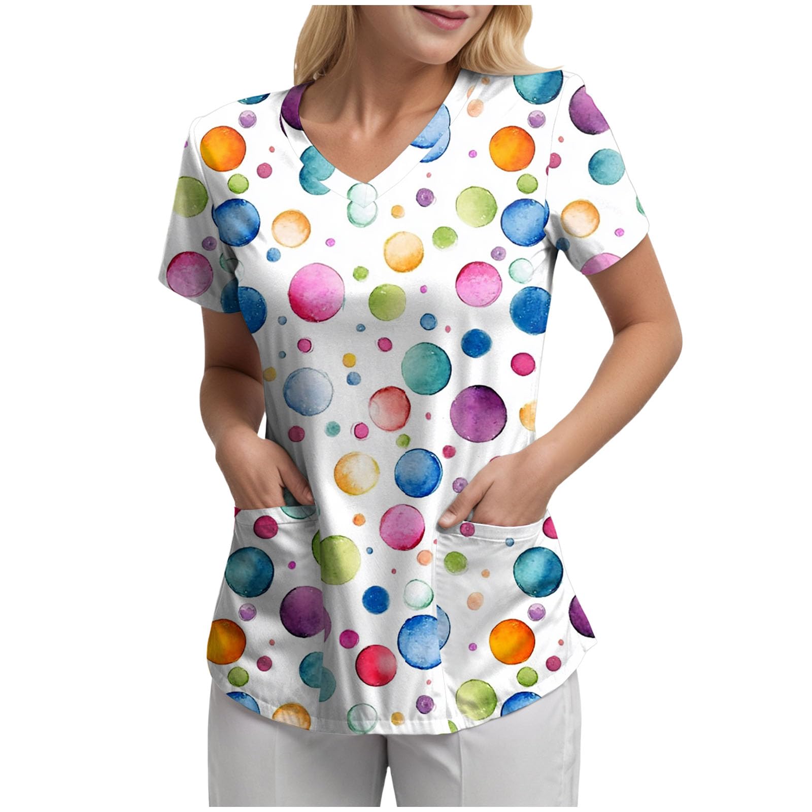 Women Scrub Tops Caregiver Uniform Butterfly Floral Heart Patter V Neck Short Sleeve Scrub Top Tunic Workwear - 1
