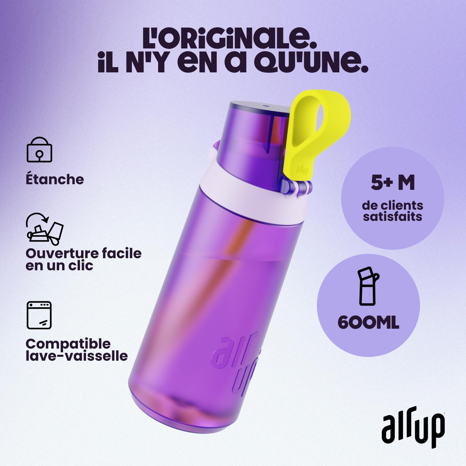 AIR UP® Botella de agua Click Squid Purple Original Starter Set Cantimplora Botella Gym con cápsulas en 5 sabores | Botella de 600 ml con sabor sin azúcar | Apto para lavavajillas, sin BPA