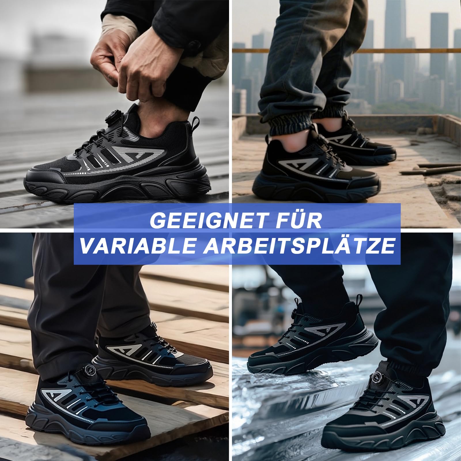 Arbeitsschuhe Herren Sicherheitsschuhe Stahlkappenschuhe mit Drehschnalle Schnürsenkeln rutschfeste Leichte Arbeitsschuhe