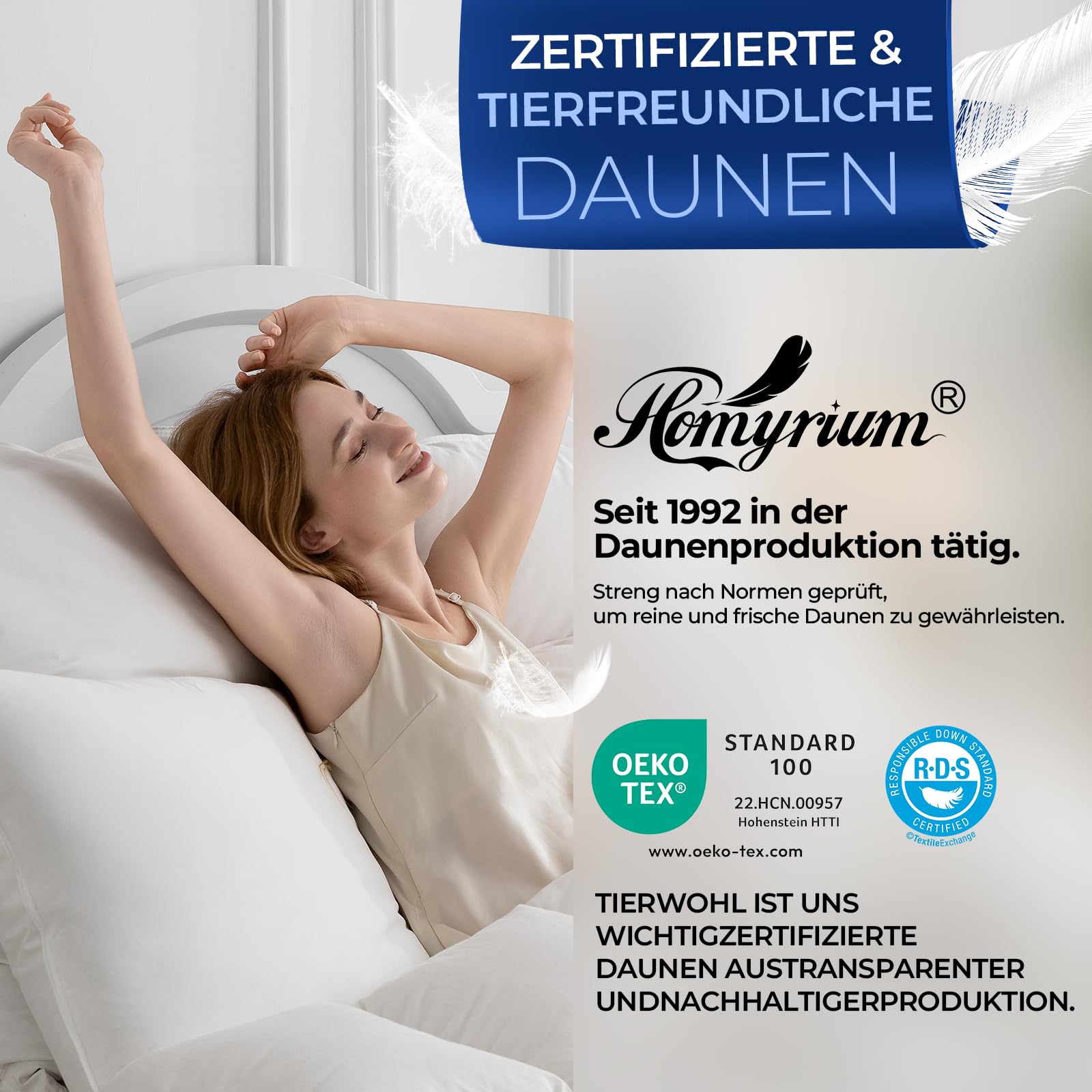 Homyrium Federkissen 80 x 80 cm Daunenkissen Kopfkissen 80x80 Daunen, 1600g | 3 Kammer Kissen, Mit 100% Daunen & Federn, Hotelqualität Schlafkissen, 100% Baumwollbezug, Ökotex-Zertifiziert