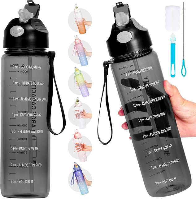 Water Bottle 1L, Sports Water Bottle with Straw & Time Maker, Drinks Bottle with Bottle Brush and Filter, Leak-proof, BPA-free Plastic Drink Bottle for Running Gym Cycling Office and School (Black)
