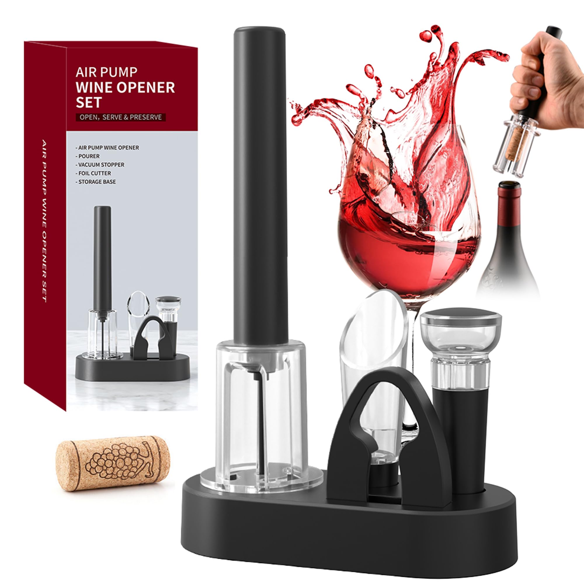 Set de Sacacorchos de Aire a Presión, Incluye Corta Cápsulas, Bomba Vacio Tapon, Vertedor y Base, Abridor de Vino Profesional Funcional, Regalo Ideal para los Amantes del Vino Navidad