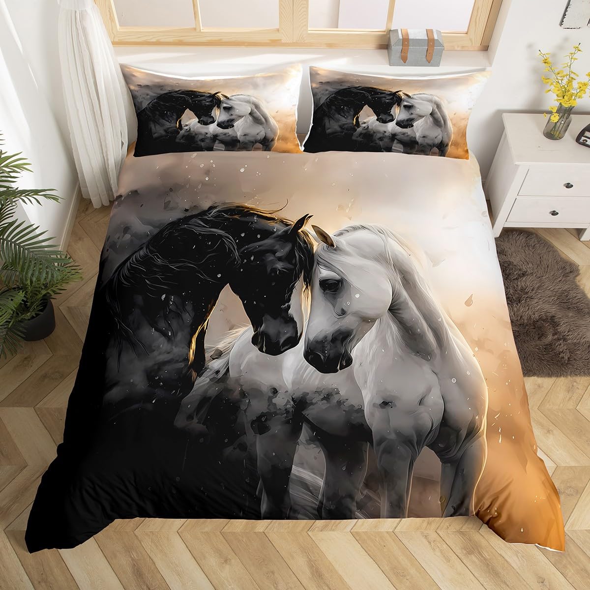 Homemissing Black and White Horse Duvet Cover Set Cot Size Galloping Horse Bedding Set Breathable Soft Nature Wildlife Duvet Cover 2Pcs Romantic Animals Bedroom Decor — image 1