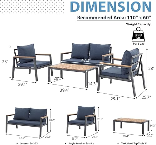 Miniatura 2 de JOIVI Juego de muebles de aluminio para patio, juego de conversación al aire libre de 4 piezas con mesa de centro de madera de teca, juego de sofá