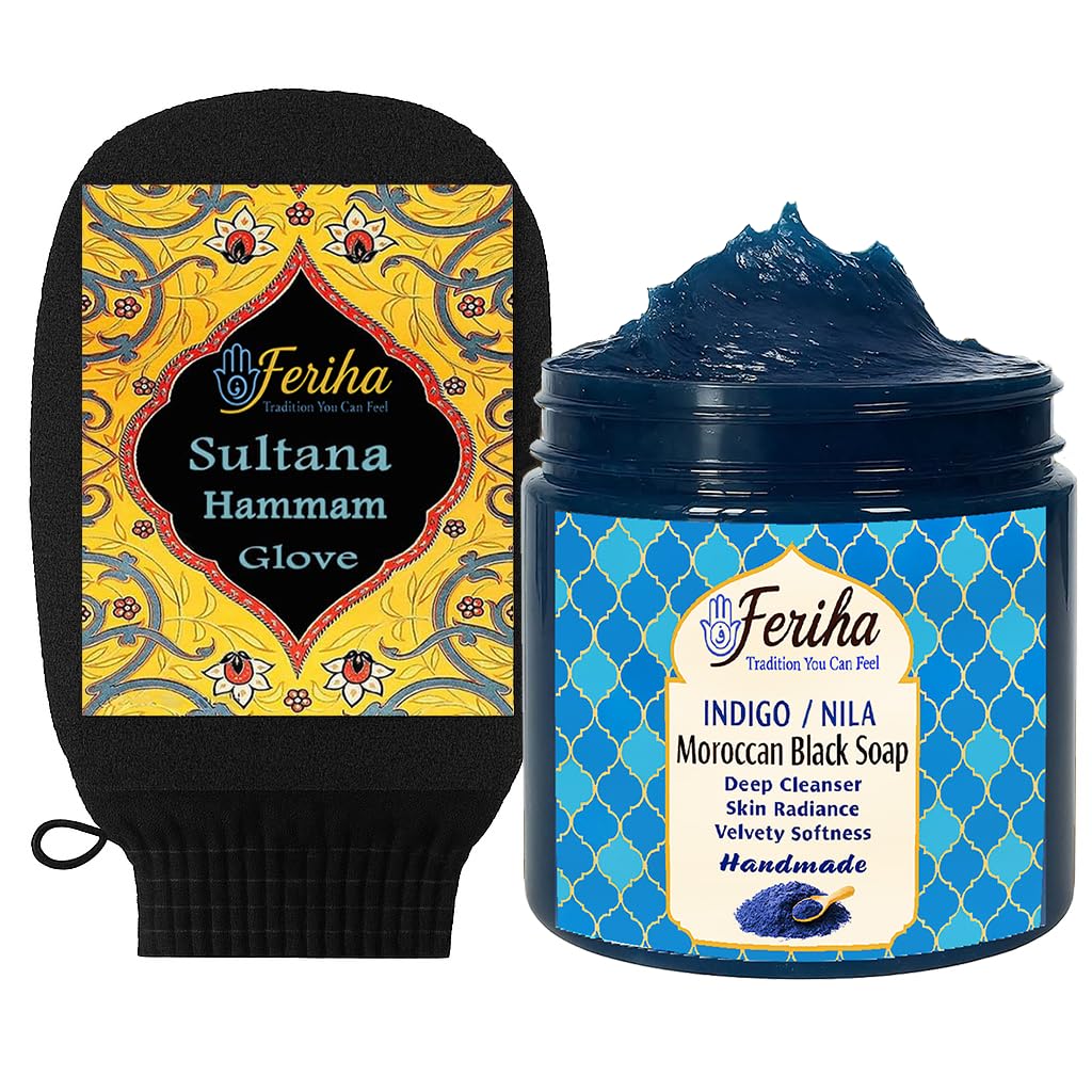 FERIHA Moroccan Indigo (Nila) Black Soap + Original Kessa Exfoliating Glove – Traditional Hammam Duo for Deep Cleansing and Radiant Skin