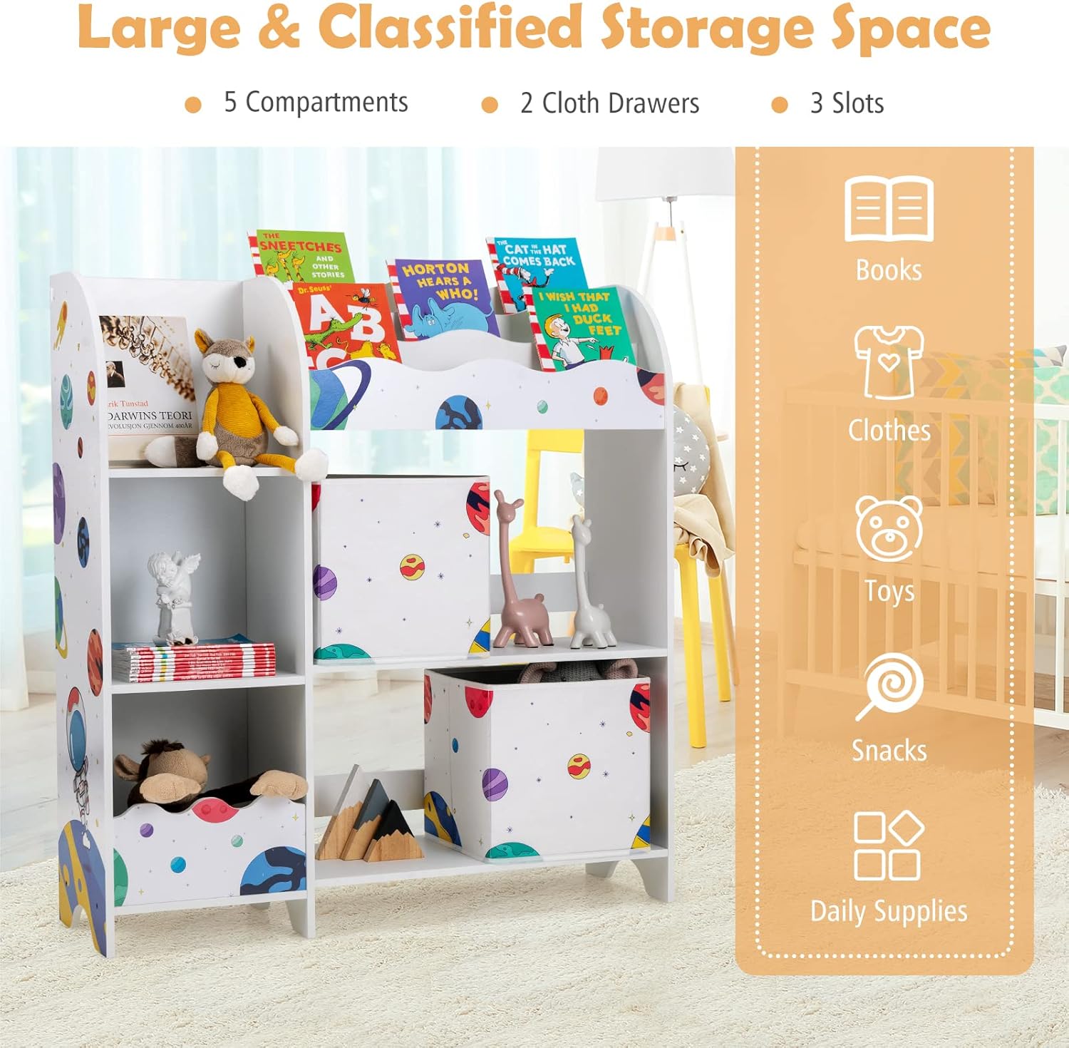 Costzon Toy and Book Organizer for Kids, Wooden Storage Display Cabinet Bookshelf w/5 Open Shelves, 2 Storage Boxes and 3 Slots, Kids Storage Unit for Playroom, Classroom, Living Room (Planet)