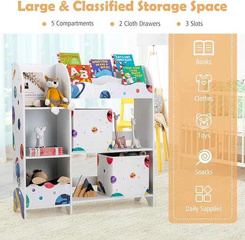 Miniatura 6 de Costzon Organizador de juguetes y libros para niños, estantería de almacenamiento de madera con 5 estantes abiertos, 2 cajas de almacenamiento y 3