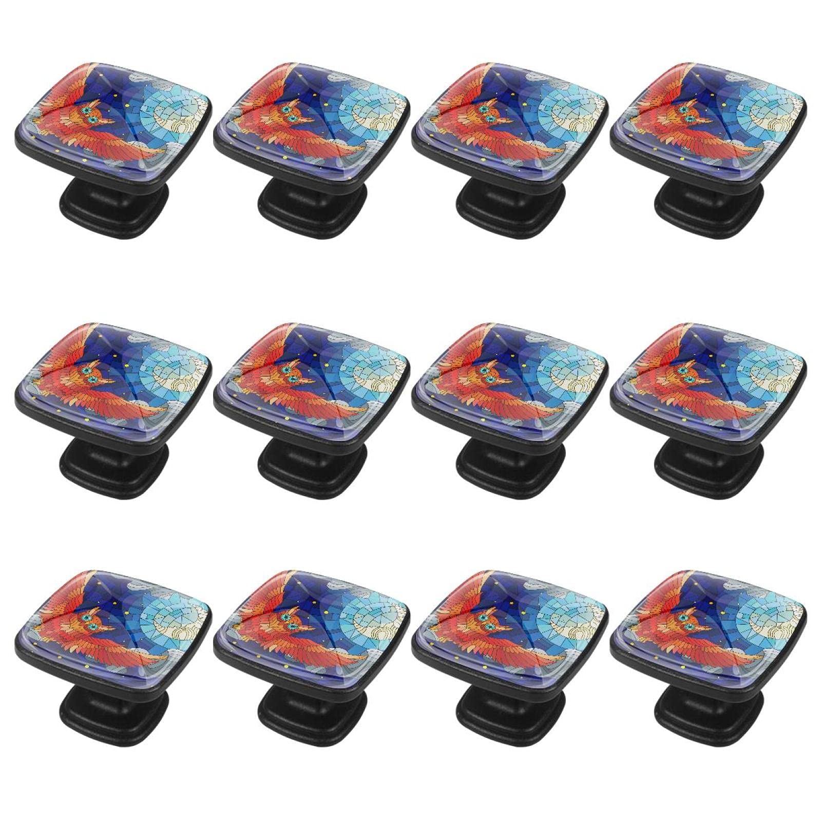 12 confezioni di pomelli quadrati con manico in vetro colorato gufo luna blu