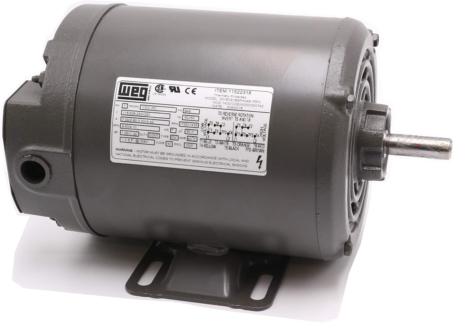 Captive Aire Exhaust/Make Up Air Fan Replacement Motor- .33 HP, Single Phase, 115/208-230V, ODP, 1735 RPM, Rigid Base, 48 Frame, Class F Insulation. Direct Replacement For .3318OS1BSPAO48-75PK.