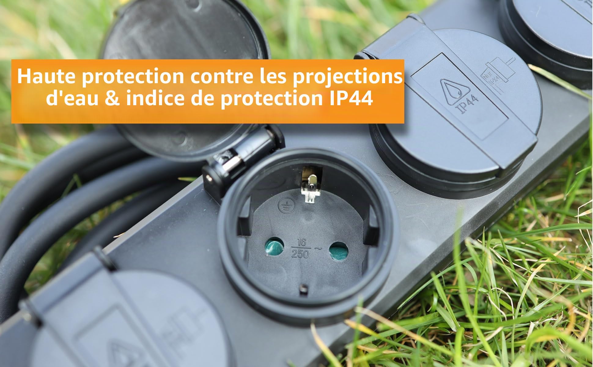 Multiprise 4 voies pour extérieur avec 4 prises de terre, couvercle à charnières de 10m, câble IP44 Multiprise pour intérieur et extérieur 230 V 16 A, noir