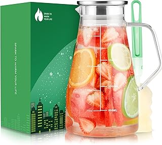 Glass Pitcher with Lid - HIHUOS 68oz Water Pitcher with Precise Scale Line - Easy Clean Heat Resistant Iced Tea Pitcher - Borosilicate Glass Carafe with Free Brush - Premium Gift Box