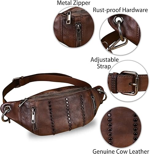 Miniatura 6 de IVTG Bolso bandolera de cuero genuino para mujer, riñonera casual, senderismo, bolsa cruzada en el pecho, mochila de hombro para motocicleta,