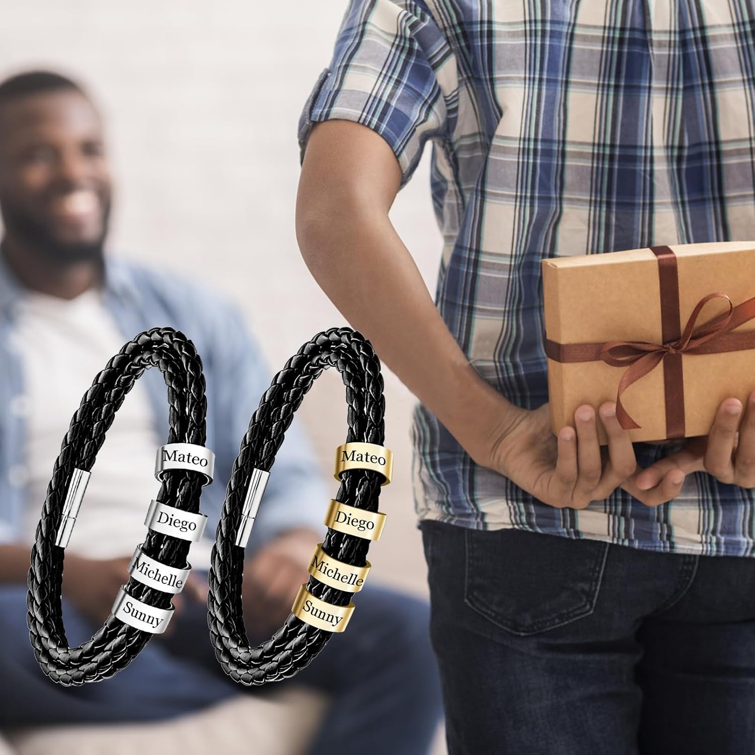 Personalized Bracelet for Men with Name Custom Leather Bracelet for Men Engraved 1-6 Name Beads Braid Leather Bracelet for Him Fathers Bracelet for Husband Fathers Brothers