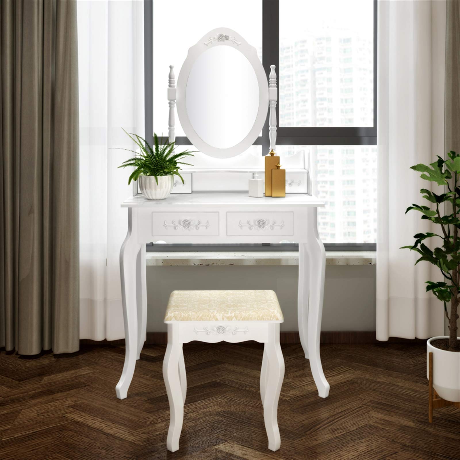 HEPMIMZHU Vanity Desk with Mirror and Lights and Drawers, Vanity Mirror with Lights Desk and Chair, Wood Makeup Vanity with Drawers & Shelves, Cushion