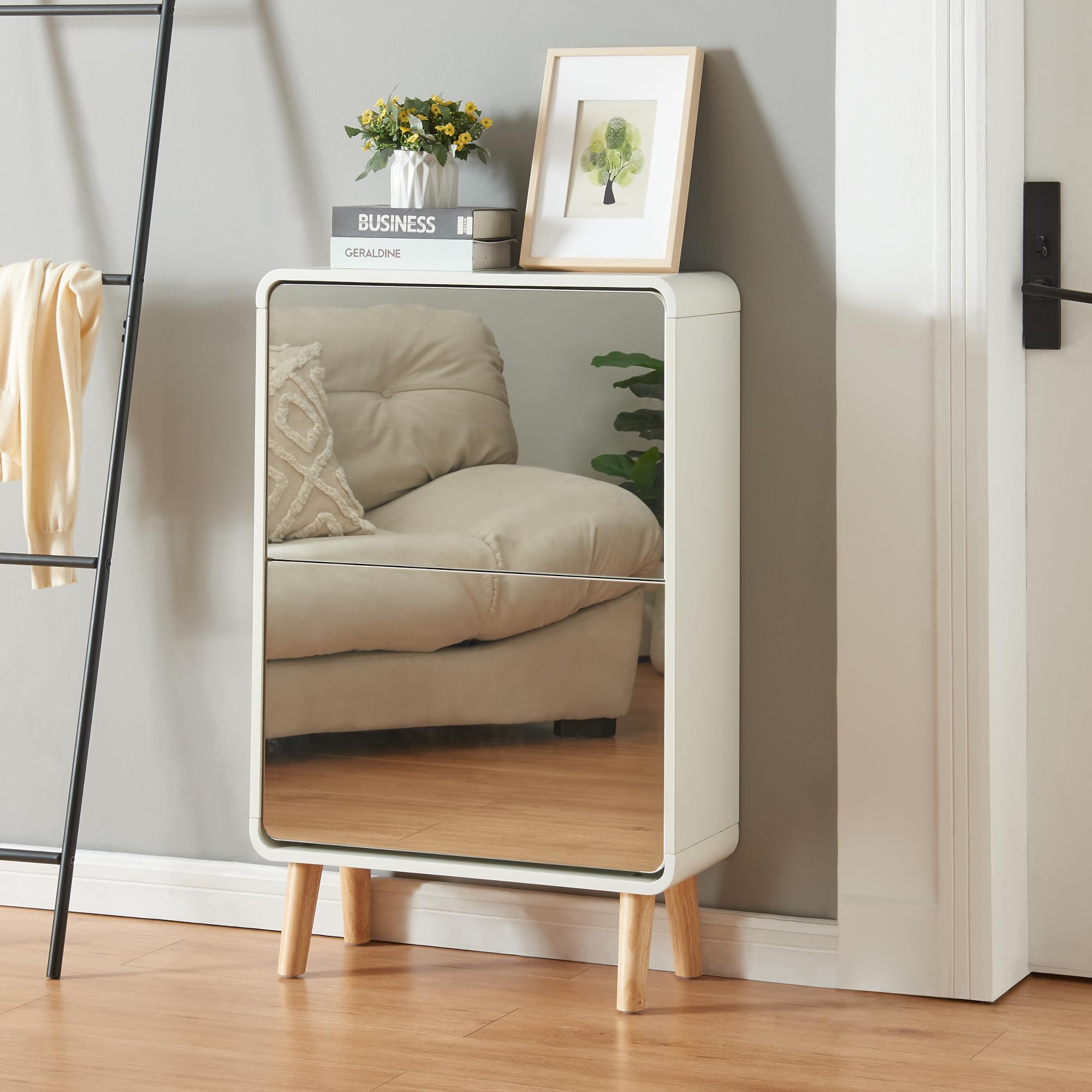[en.casa] Scarpiera Salvaspazio Slim con Ante a Specchio Mobile Stretto Armadio Portascarpe con 2 Contenitori Ribaltabili 96 x 63 x 24 cm Bianco