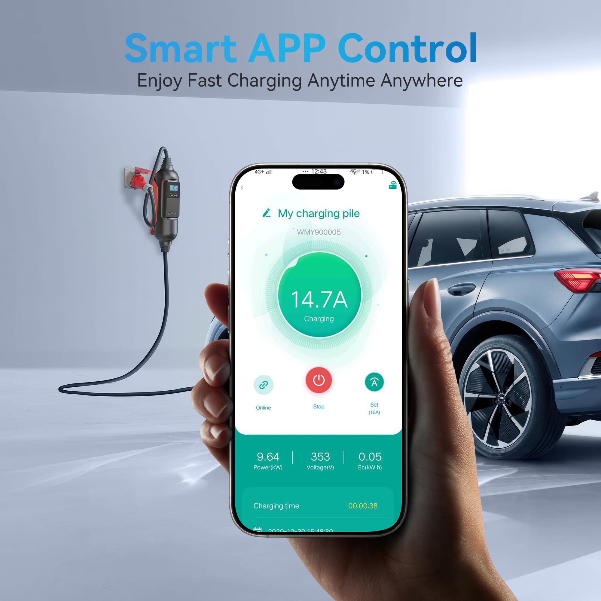 Câble De Recharge Voiture Electrique 22KW/32A/6m - Type 2 - Compatible E-208, Zoe, Model 3, Megane EV