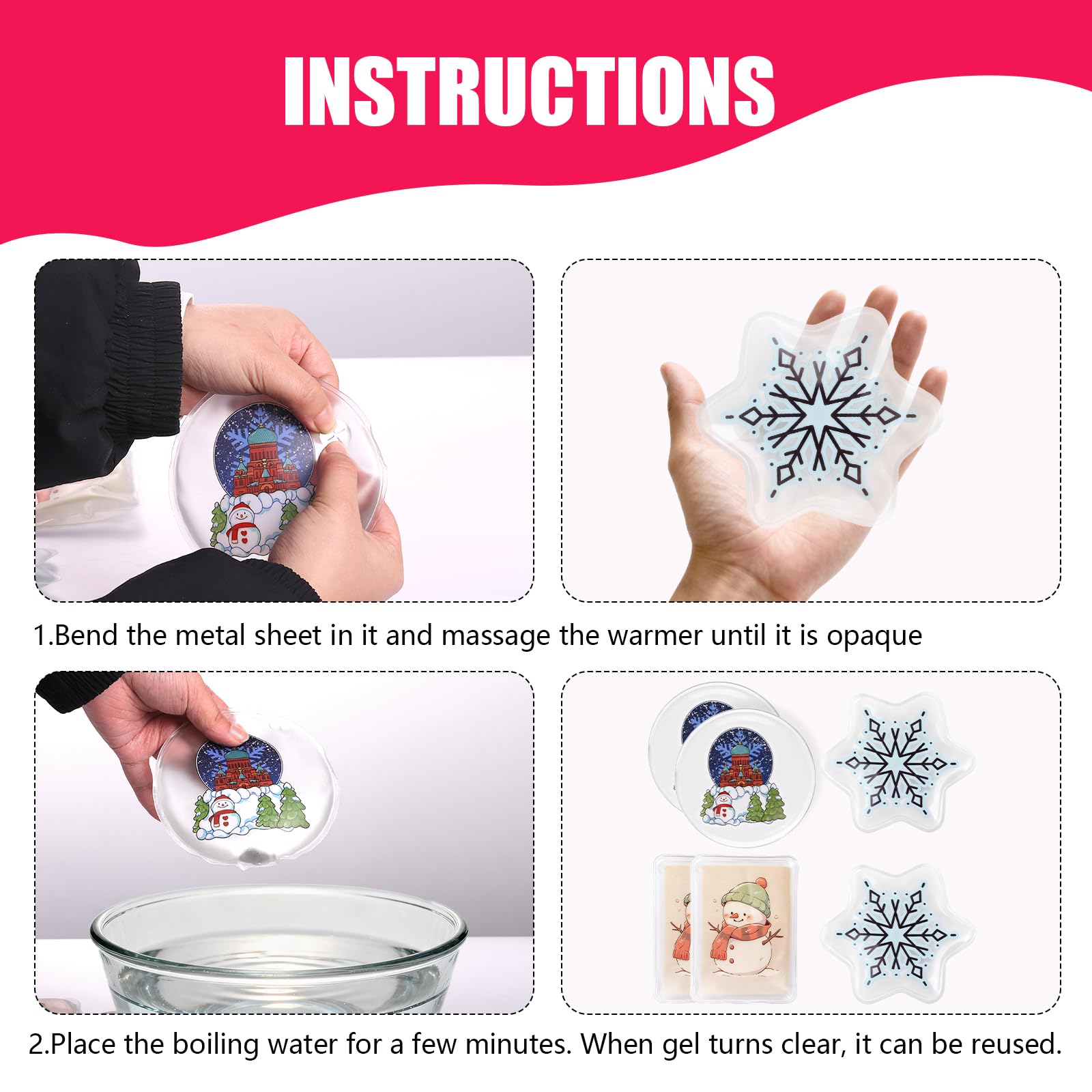 6 x Weihnachts-Handwärmer, wiederverwendbar, mit Schnappverschluss, tragbar, dauerhafte Heizung, Handheizung, Beutel, Gel, niedlich, lang anhaltende Wärme für Camping, Outdoor-Weihnachtsmuster, für