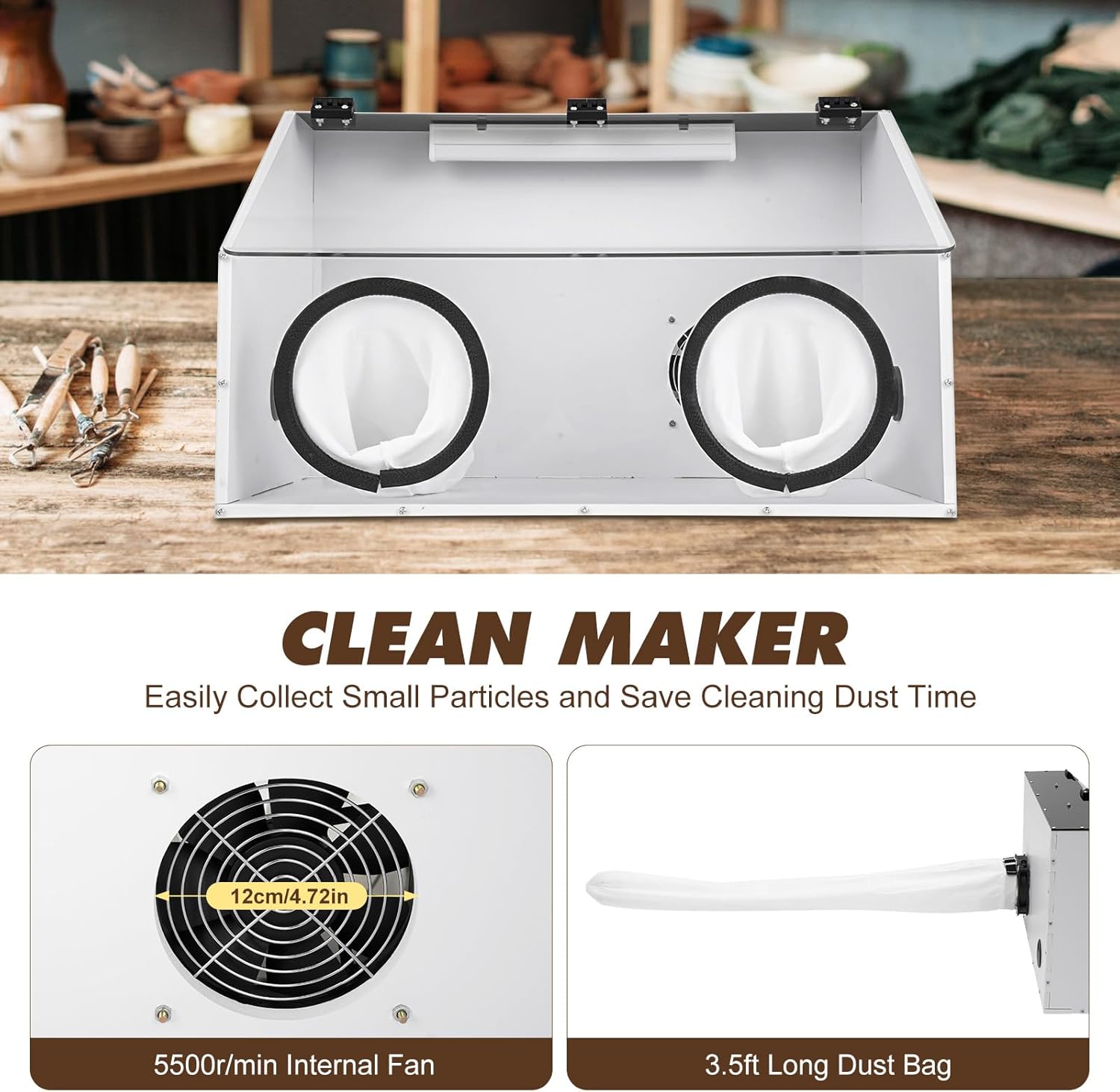 2 Holes Dust Cover Fully Enclosed Grinding Table Polisher Dust Box, Acrylic Dust Box Transparent Dust Box Cover, Fully Enclosed Table Polisher Dust Box Fully Enclosed Dust Box W/Led & Fan