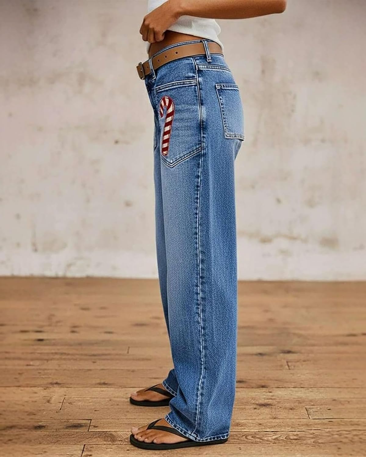 Women's High Waisted Straight Leg Jeans Stretchy Christmas Patch Print Distressed Denim Pants - Image 3