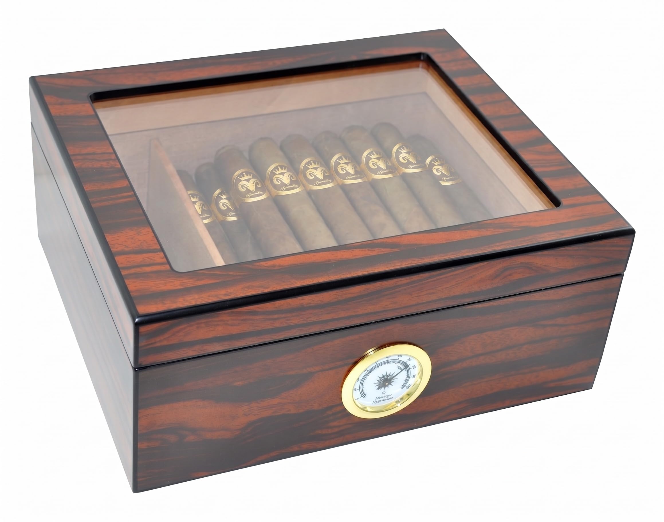 Eitida Desktop Humidor Case Holds 25-50 Cigar, Tempered Glass Top Display, Handcraft Spanish Cedar Wood Storage Box with Divider, Humidifier and Hygrometer, Macassar Brown