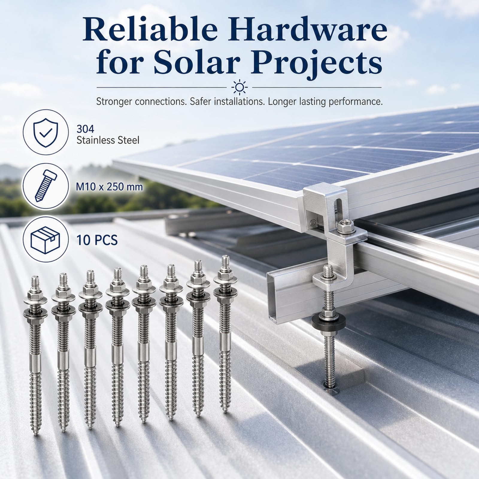 STARVAST 10 Stück Stockschrauben M10 Edelstahl，250mm Stockschraube Vormontiert，Edelstahl V2A A2 für Photovoltaik- Solarbefestigung auf Gebäudedächer
