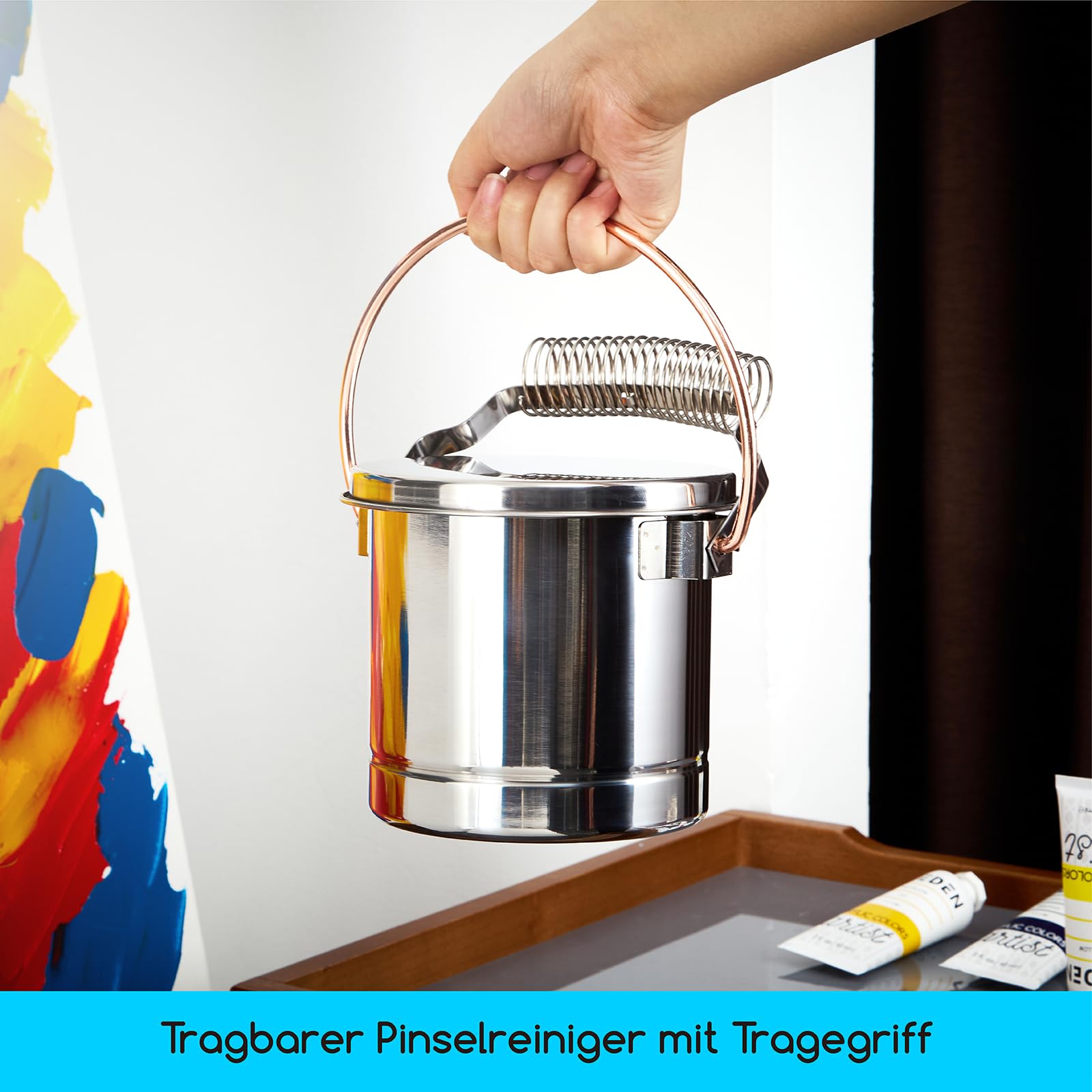 MEEDEN Tragbarer Pinselreiniger mit Deckel : Luftdichter Pinselwascher aus Edelstahl mit Besonders Großer Kapazität, Pinselhalter für Öl- und Acrylmalerei