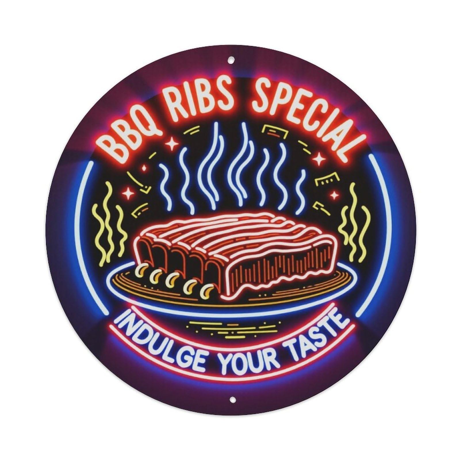 Neon Style BBQ Ribs Special Food Themed Round Wall Sign Vintage Aluminium Metal Sign, Retro Wall Decor for Home, Bar, Garage & Farmhouse 20x20cm