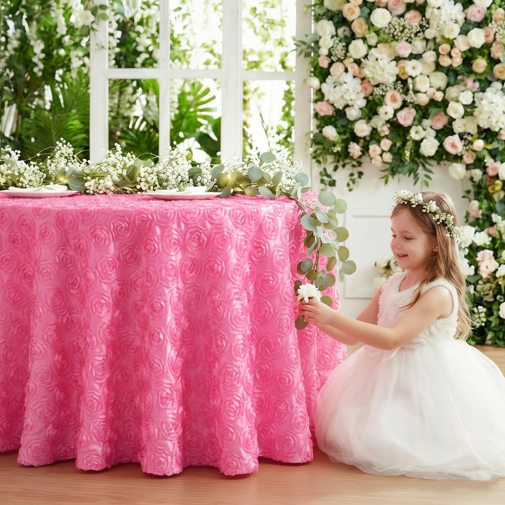 QueenDream Pink 3D Floral Table Cloth for Parties 90 Inch Round Tablecloth Satin Overlay Rosette Tablecloth for Wedding Birthday Tea Party Baby Shower Picnic Table Decorations