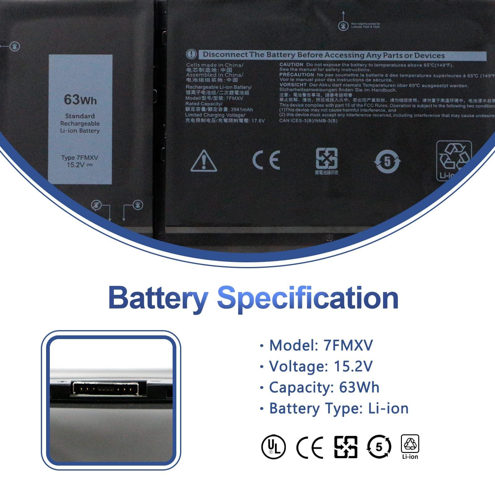ANTIEE 63Wh 7FMXV Laptop Batería Replacement pour DELL Latitude 5320 7320 7420 7520 13 5320(2-in-1) Series TN2GY 0TN2GY 9JM71 4M1JN 1PP63 727CG HDGJ8 0HDGJ8 MHR4G CN-0727CG CN-0TN2GY 15.2V 4Cell