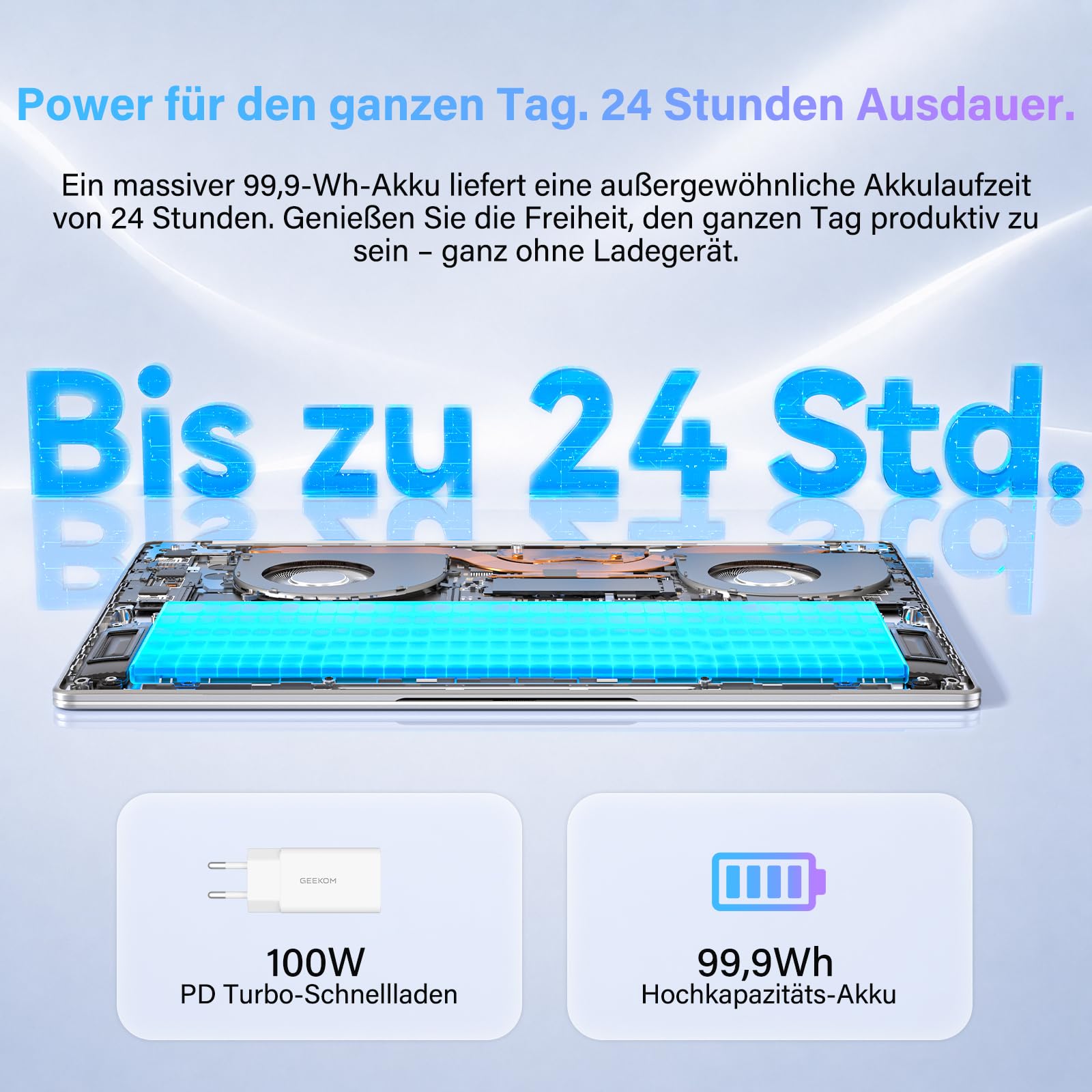 GEEKOM GeekBook M16 Laptop, Ultra 9, 55 W Dauerleistung, 99,9 Wh Notebook | 16″ IPS, USB4, 100 W PD, leise Dual-Lüfter, Fingerprint, Dock inkl., 16GB RAM/512GB SSD, Aluminium, Win 11, Business & Gaming