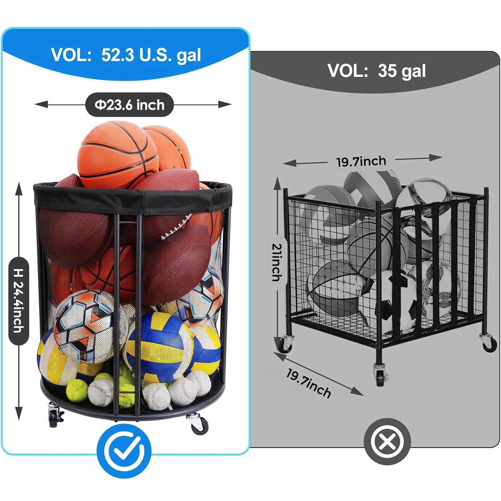Rangement de ballons extérieur, panier de sport, conteneur portable, filet de grande capacité, cadre résistant aux intempéries, utilisation garage piscine terrasse jardin, matériaux en nylon durable